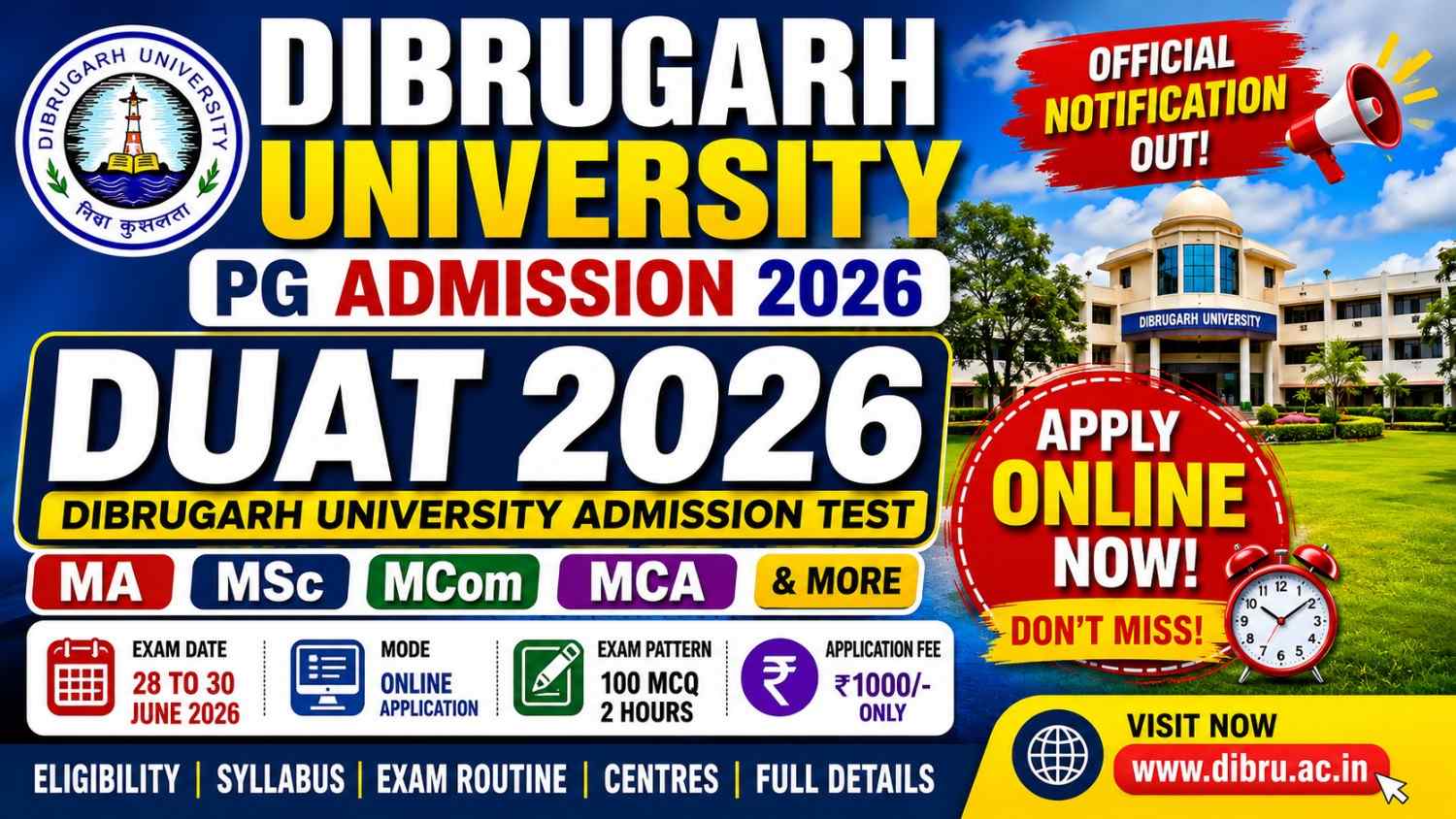 You are currently viewing Dibrugarh University PG Admission 2026 – DUAT Notification, Apply Online,