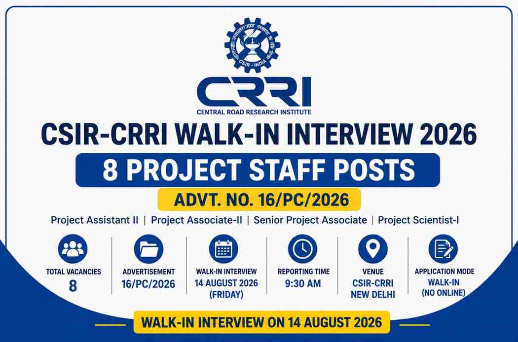 Read more about the article CSIR-CRRI Walk-in Interview 2026: 8 Project Staff Posts, Interview on 14 August