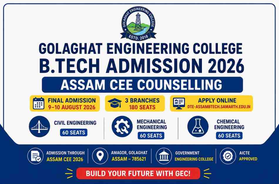 You are currently viewing Golaghat Engineering College B.Tech Admission 2026 – Assam CEE Counselling, Eligibility, Seats