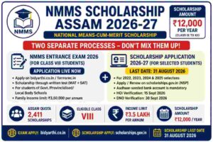NMMS Scholarship Assam 2026-27: Exam & Scholarship Application, Dates, Eligibility, ₹12,000/Year