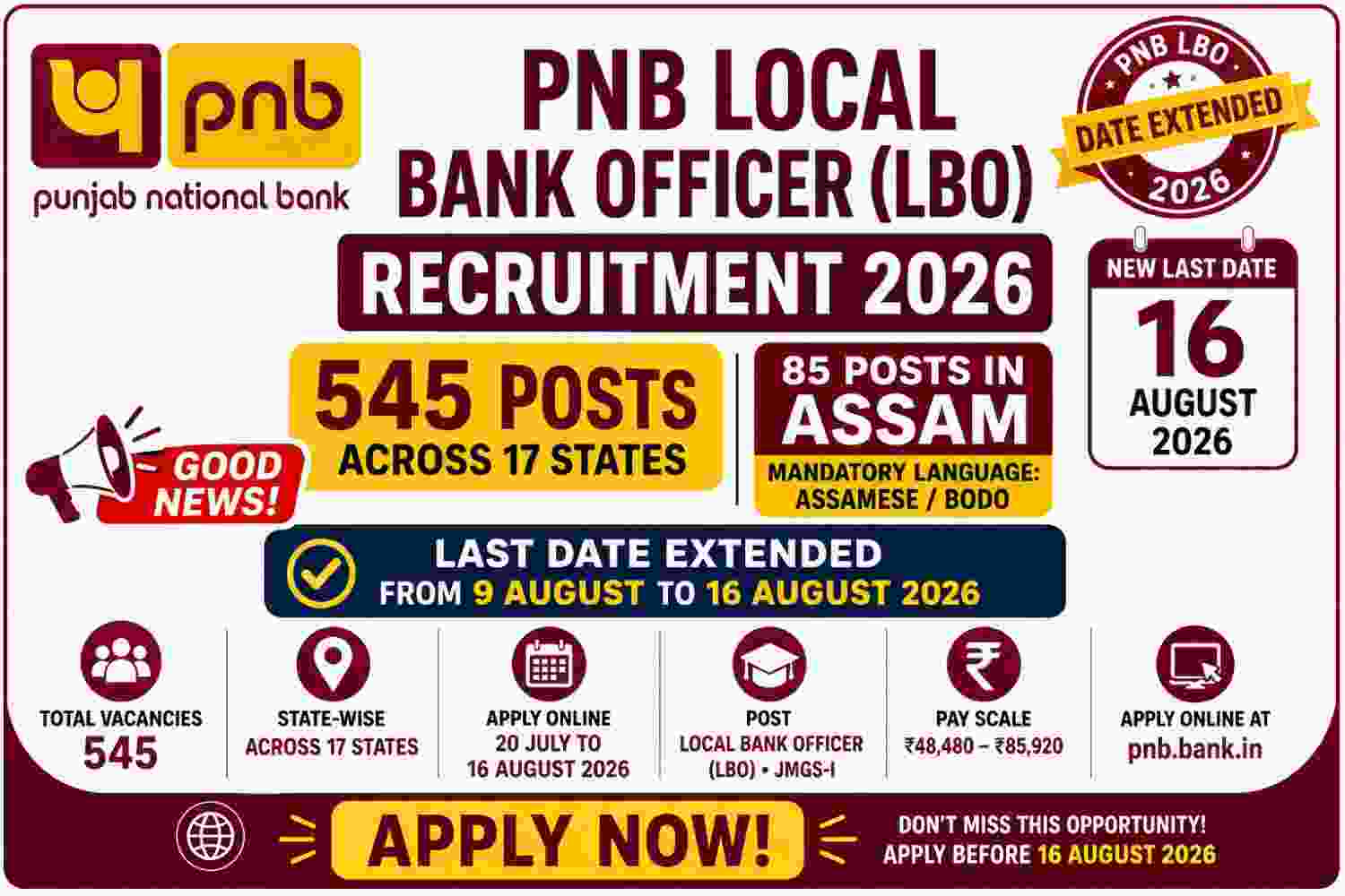 Read more about the article PNB Local Bank Officer (LBO) Recruitment 2026: 545 Posts, Last Date 16 August