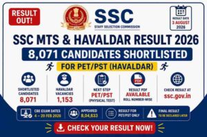 SSC MTS & Havaldar Result 2026: 8,071 Shortlisted for PET/PST, Cut Off, PDF