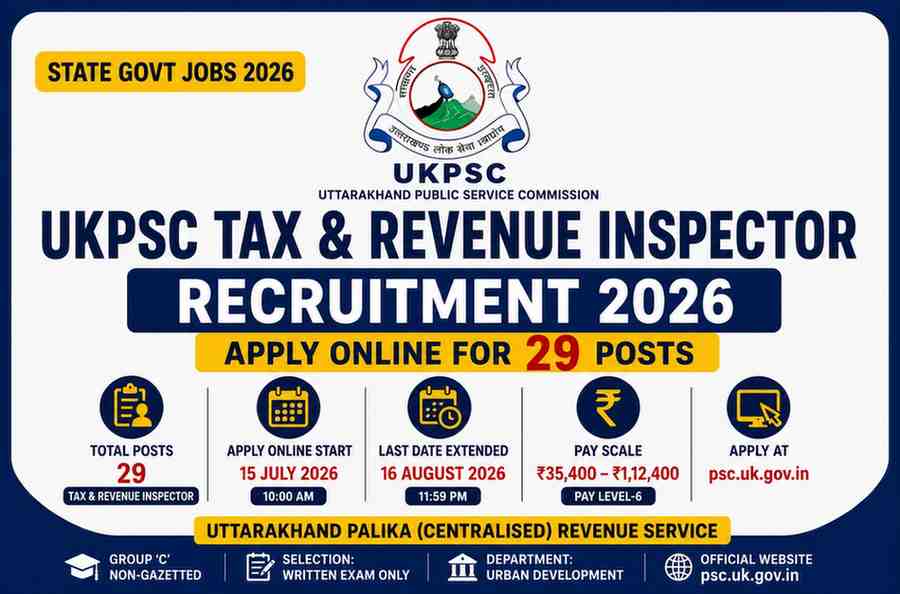Read more about the article UKPSC Tax and Revenue Inspector Recruitment 2026: Last Date Extended to 16 August